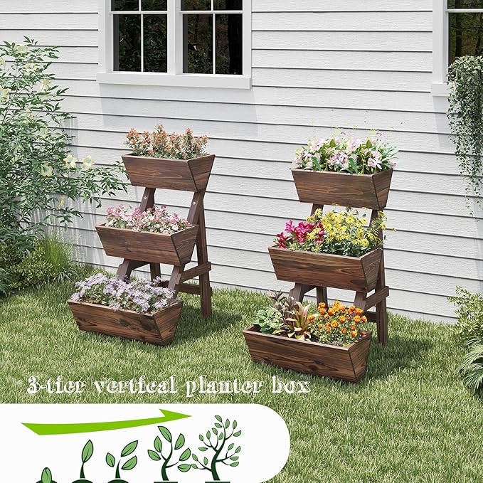 3-Tiers Wooden Raised Garden Bed Tiered Planter Box Flower Pots Vertical Garden - Image 2