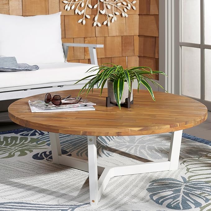 SAFAVIEH Outdoor Collection Leo Natural/White 3-Leg Round Coffee Table - Image 2