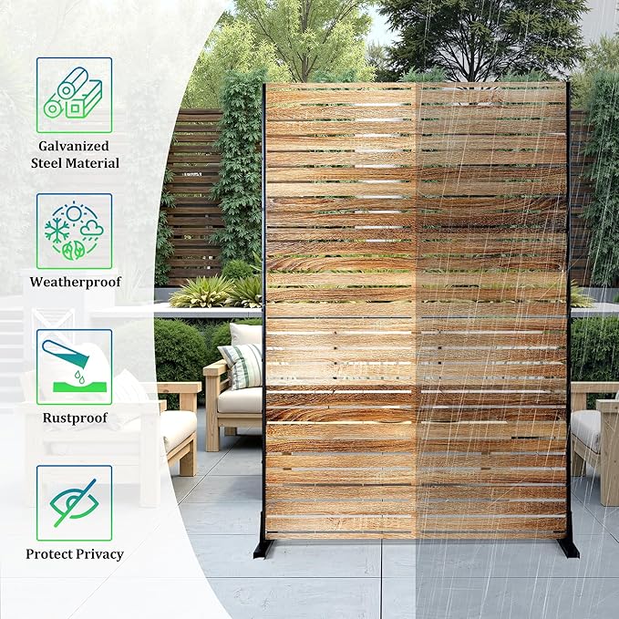 FENCY Metal Privacy Screen 72" H×47" W Natural Wood Color Outdoor Privacy Screen - Image 3