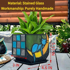 Tiffany Stained Glass Unique Moon Sleeping Blue Cat Planter, Indoor Plant Pots - Image 3