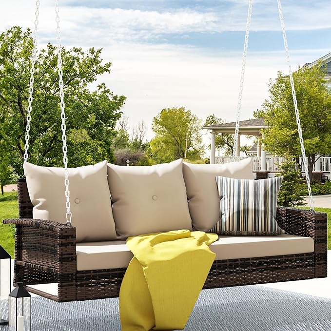DWVO 3 Seats Porch Swing Hanging Bench Swing Outdoor Wicker Patio Swing Lounge by DWVO