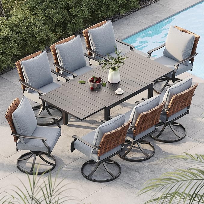 Grand patio 9-Piece Outdoor Dining Set, 8 Leather-Look Wicker Swivel Patio by GrandPatio