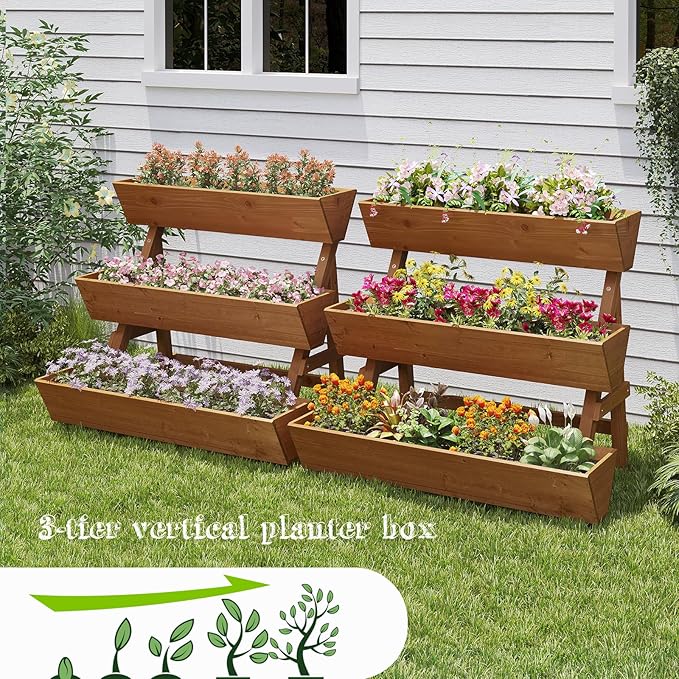 3-Tiers Wooden Raised Garden Bed Tiered Planter Box Flower Pots Vertical Garden - Image 2