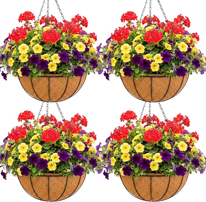 14 inch Metal Hanging Baskets For Plants Outdoor 4 Pack Round Metal Wire by JFFLYIT