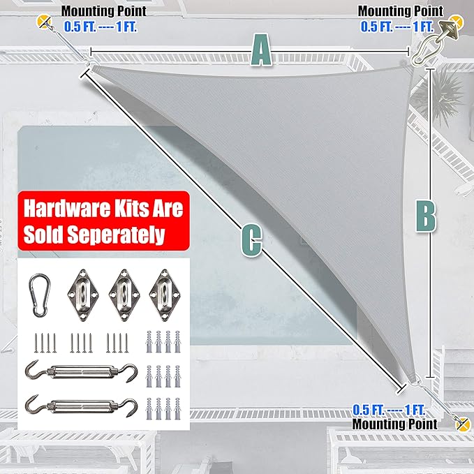 Amgo Custom Size 17' x 24' x 29.4' Gray Right Triangle Sun Shade Sail UPF50+ - Image 8