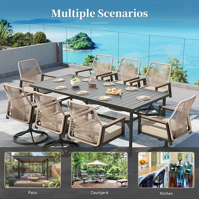 Patio Dining Set 9 Piece, 6 Woven Rattan Fixed Chairs and 2 Swivel Chairs - Image 9