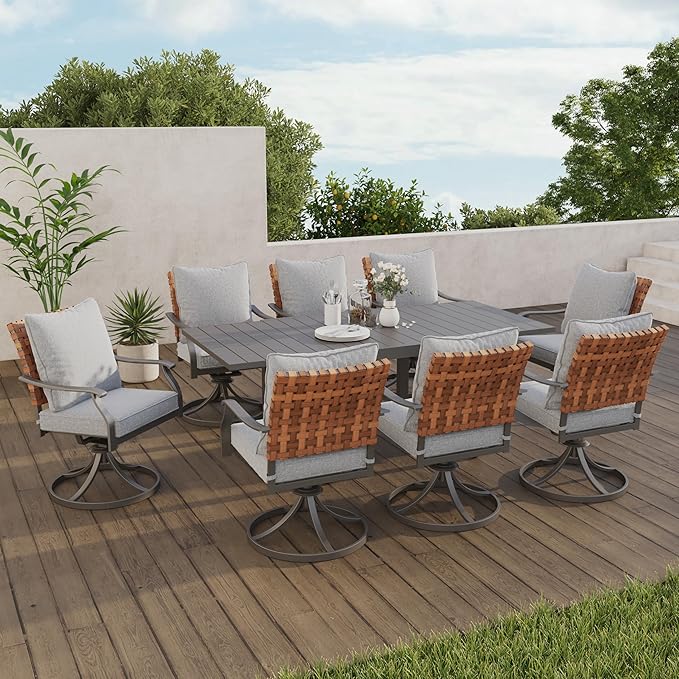 Grand patio 9-Piece Outdoor Dining Set, 8 Leather-Look Wicker Swivel Patio - Image 2
