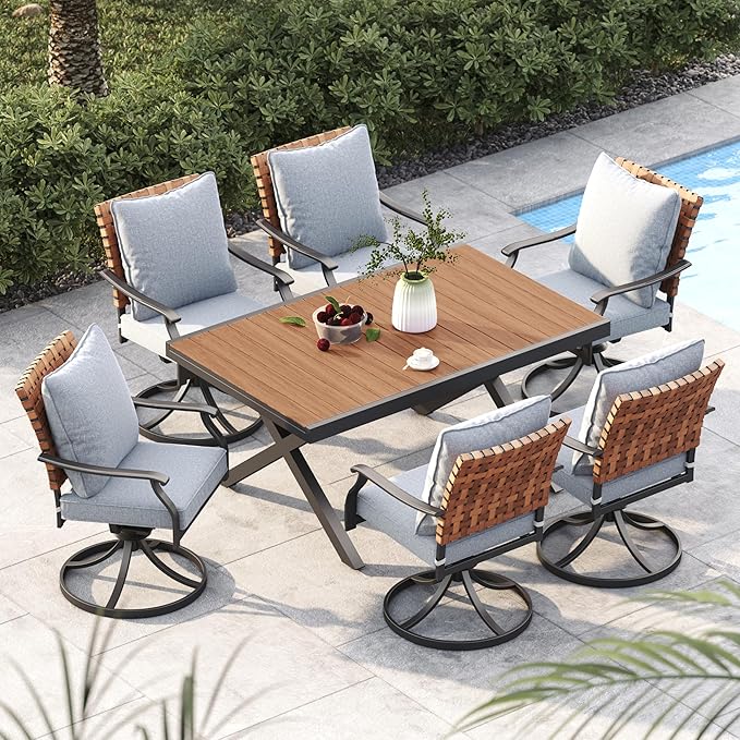 Grand patio 7-Piece Outdoor Dining Set, 6 Leather-Look Wicker Swivel Patio by GrandPatio