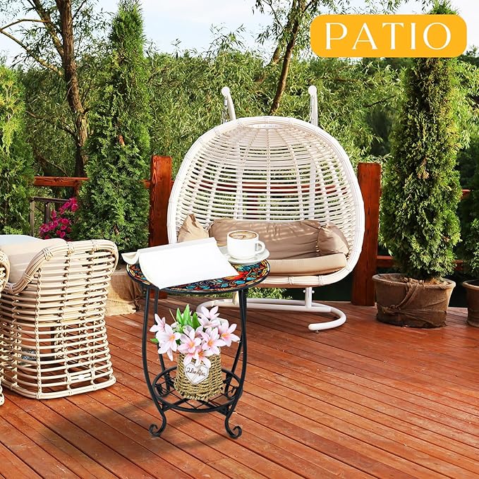 Outdoor Side Table Round Small Mosaic Patio Accent Indoor End Plant Coffee Tea - Image 2