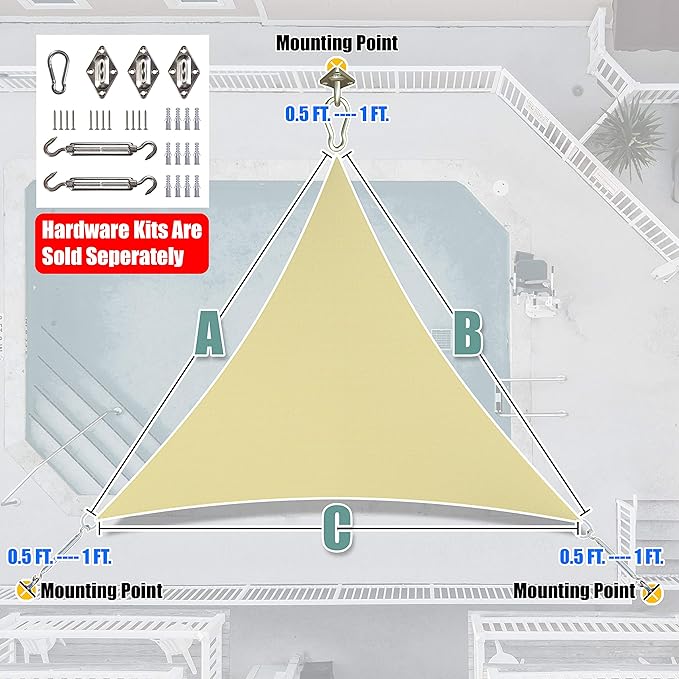 Amgo Custom Size 14' x 14' x 14' Beige Triangle Sun Shade Sail UPF50+ AGTAPRT12 - Image 8