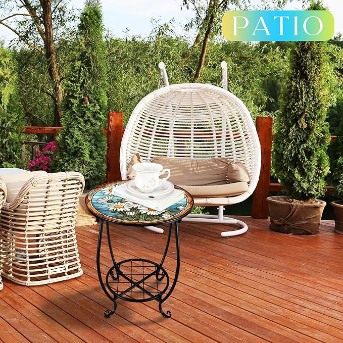 Outdoor Side Table Round Small Mosaic Patio Accent Indoor End Plant Coffee Tea - Image 4
