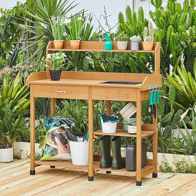 Yaheetech Potting Bench Outdoor Garden Work Bench Station Planting Solid Wood - Image 2