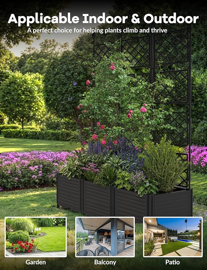 3 PCS Raised Garden Bed with Trellis & Privacy Screen, Flowers on Patio - Image 6