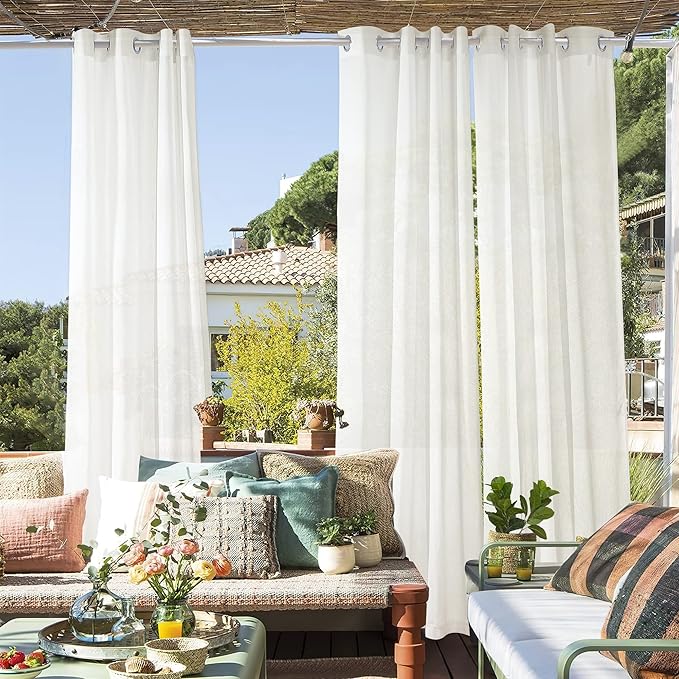 RYB HOME Sheer Curtains for Patio Outdoor, Linen Textured White Panel Grommet by RYBHOME