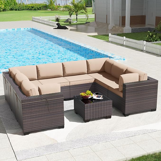 Kullavik 9 Pieces Outdoor Patio Furniture Set PE Wicker Rattan Sectional Sofa by KULLAVIK