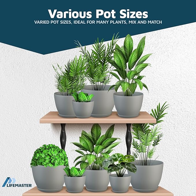 Gray Plant Pots with Drainage Holes & Saucers 15 Pack, Indoor & Outdoor - Image 4