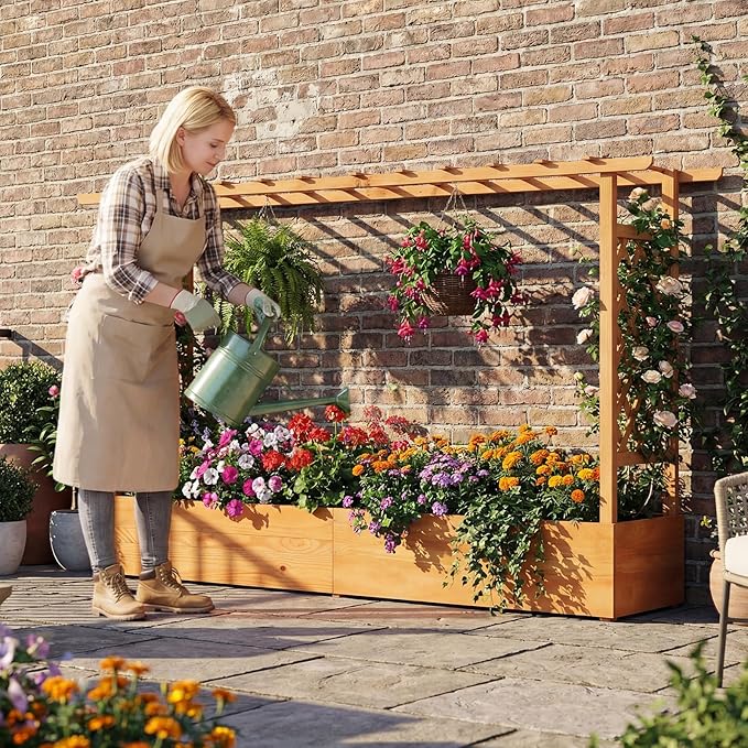 Giantex Raised Garden Bed with Trellis & Hanging Roof, Wood Planter Box with - Image 9