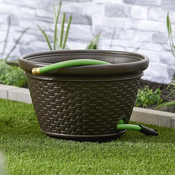 Suncast 4 Pack Wicker Hose Pot, Decorative Resin Garden Hose Storage, 100ft - Image 9