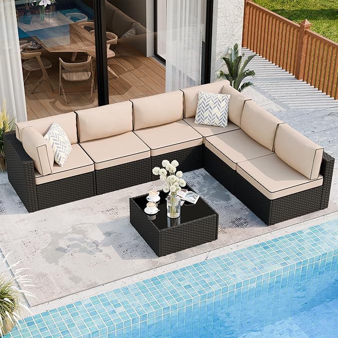 Shintenchi 7 Pieces Outdoor Patio Sectional Sofa Couch, Wicker Furniture - Image 2