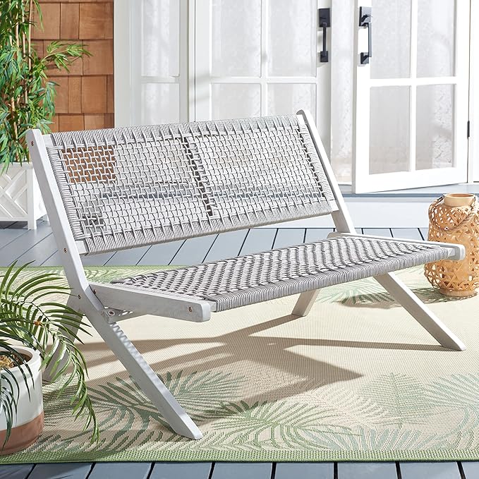 SAFAVIEH Outdoor Collection Kobina Grey Acacia Wood/Grey Rope Foldable Bench - Image 2
